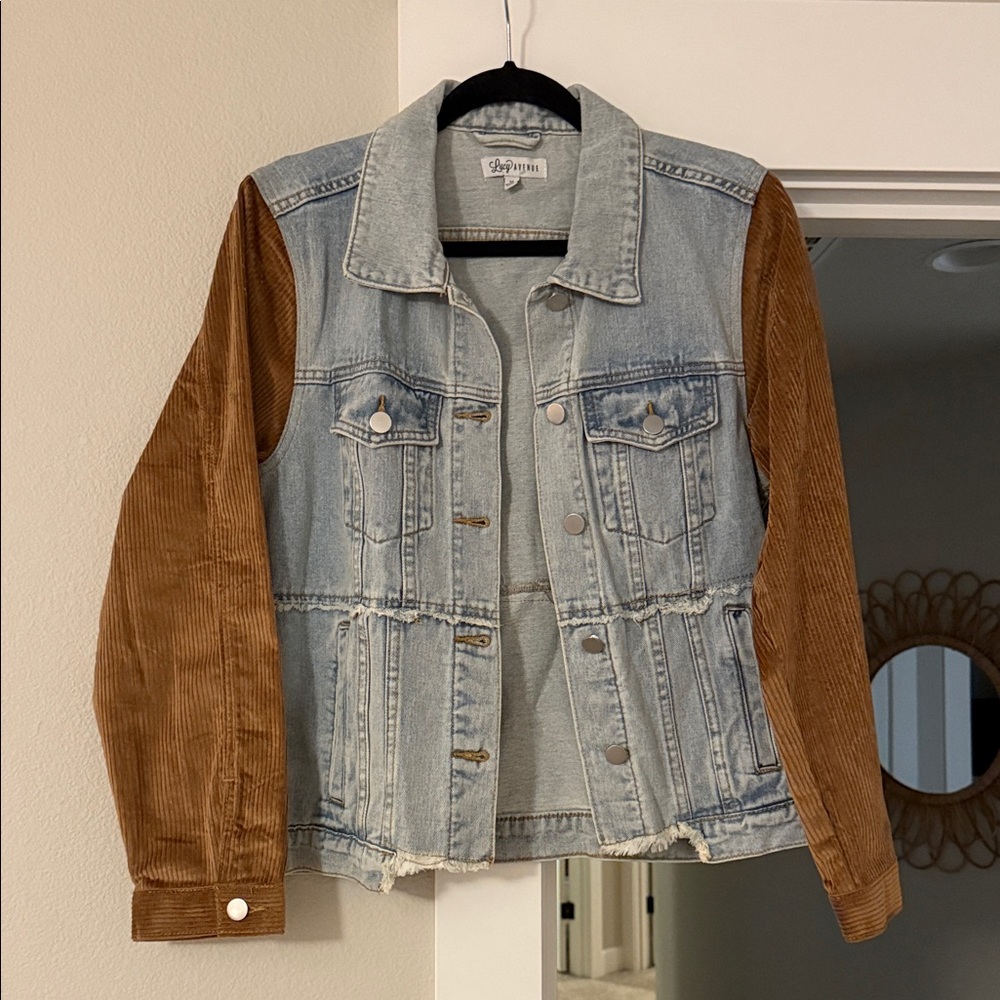 NWOT Lucy Avenue Light Blue Denim Jacket with Brown Corduroy Sleeves